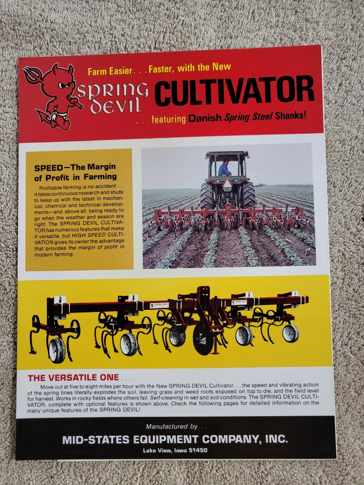 BROCHURE 1970s Spring Devil Spring-Tine Tractor Cultivator Lake View IA. AG Farm