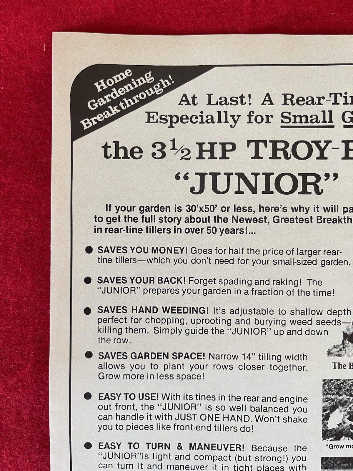 Vintage 1987 Troy Bilt 3 1/2 HP JR Tiller Print Ad