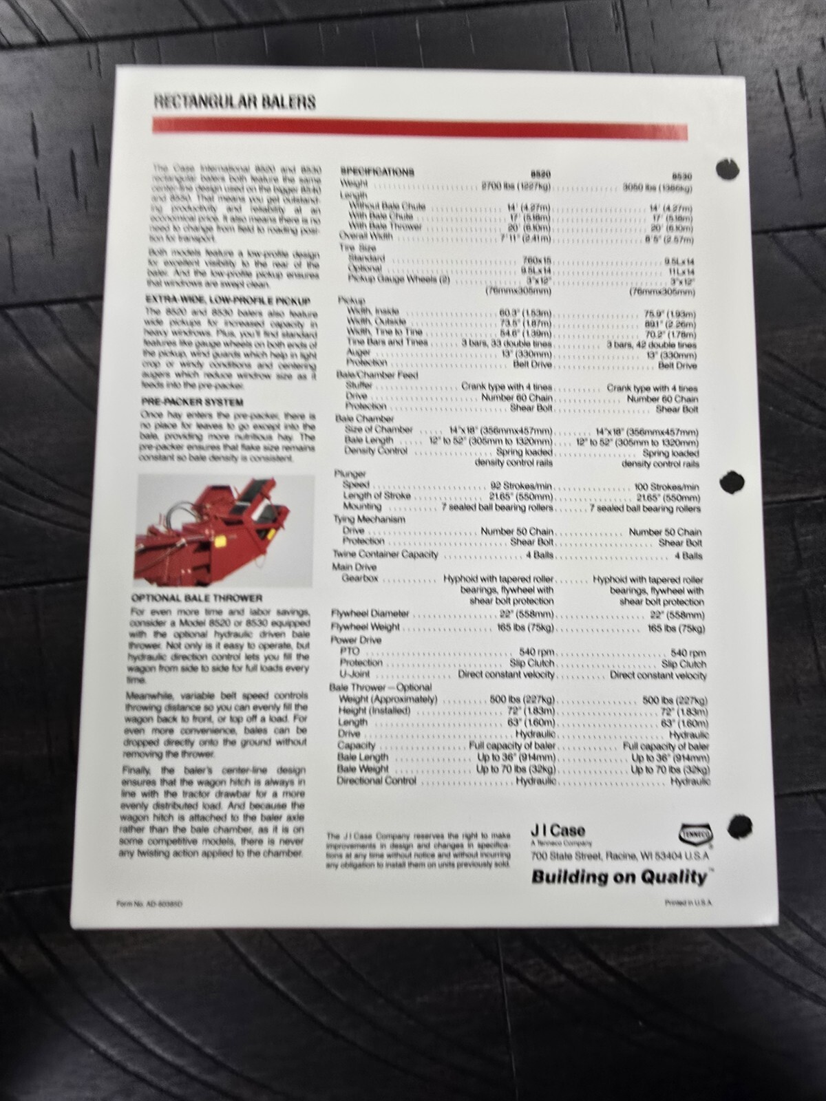 1990s 8520 Rectangular Baler Dealer Spec Sheet Case IH International Harvester