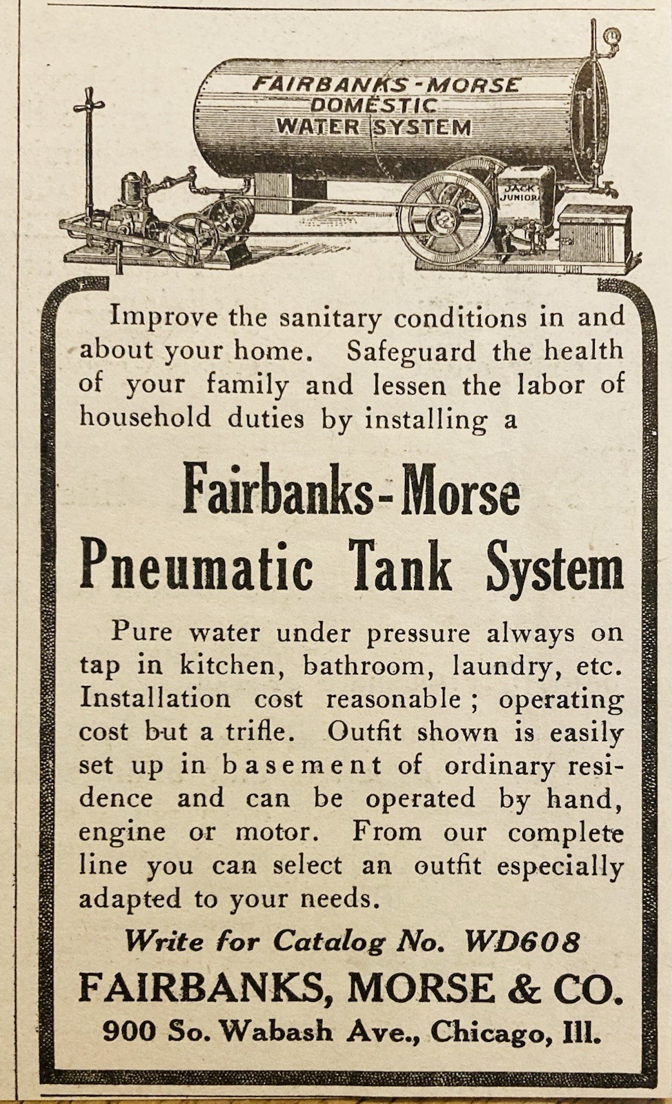 1912 AD.(XH87)~FAIRBANKS, MORSE CO. CHICAGO. F-M PNEUMATIC WATER TANK SYSTEM