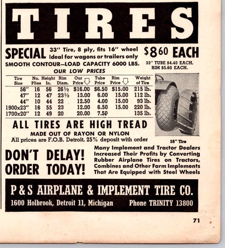 1947 Print Ad P& S Airplane & Implement Tire Co Detroit MI