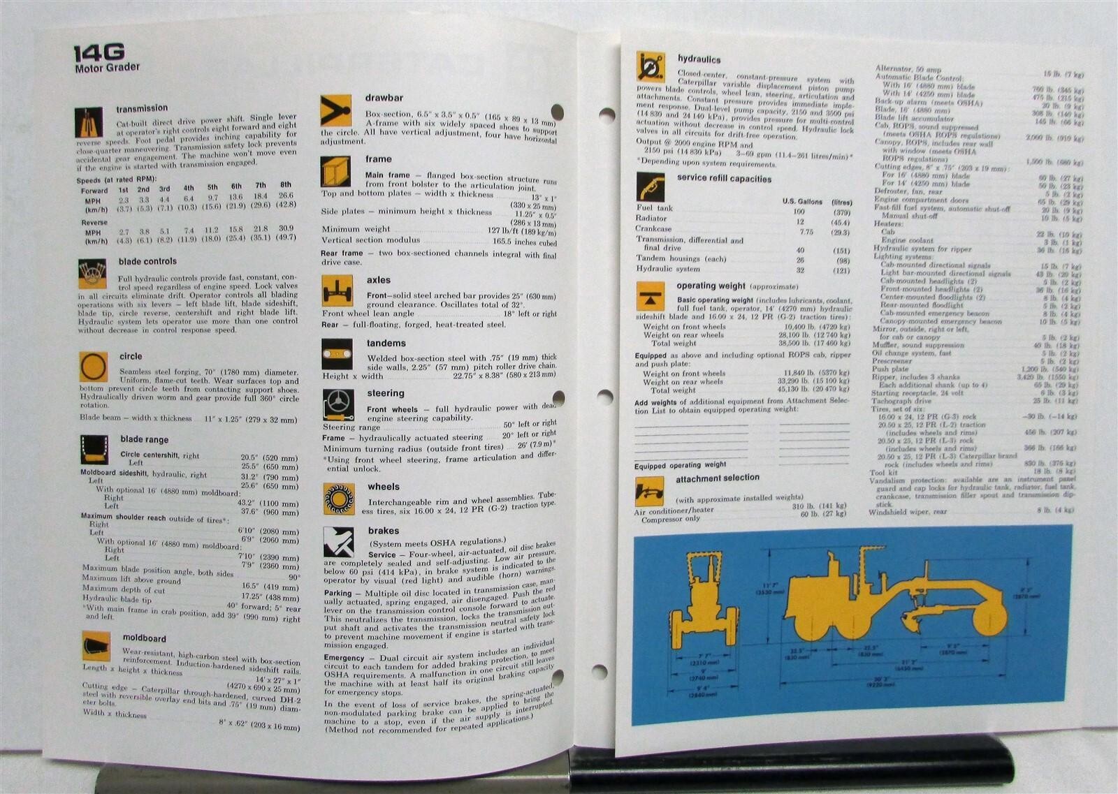 1975 CAT No 14G Road Motor Grader Construction Specifications Sales Tri-Folder