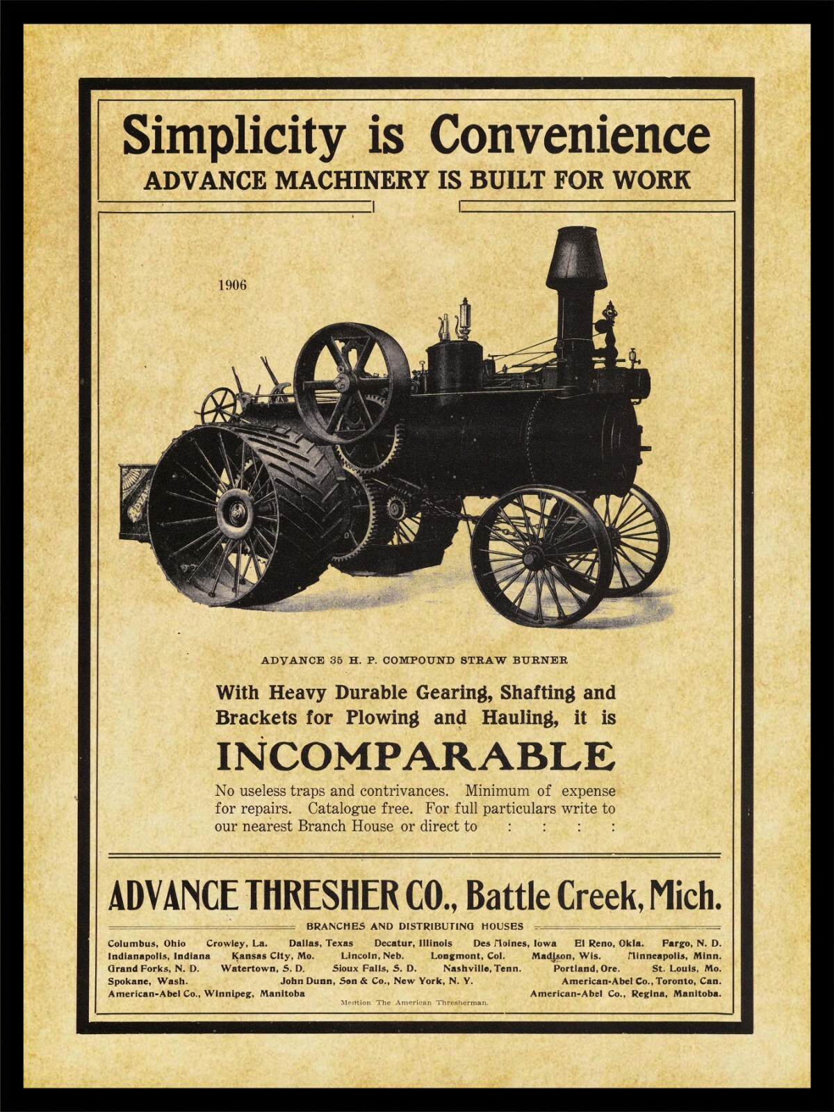 1906 Advance Straw Burner Traction Engine NEW Metal Sign: Battle Creek, Michigan