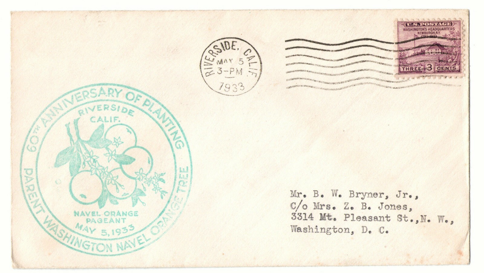 May 5 1933 Commemorative USPS Envelope Parent Navel Tree Riverside California #1