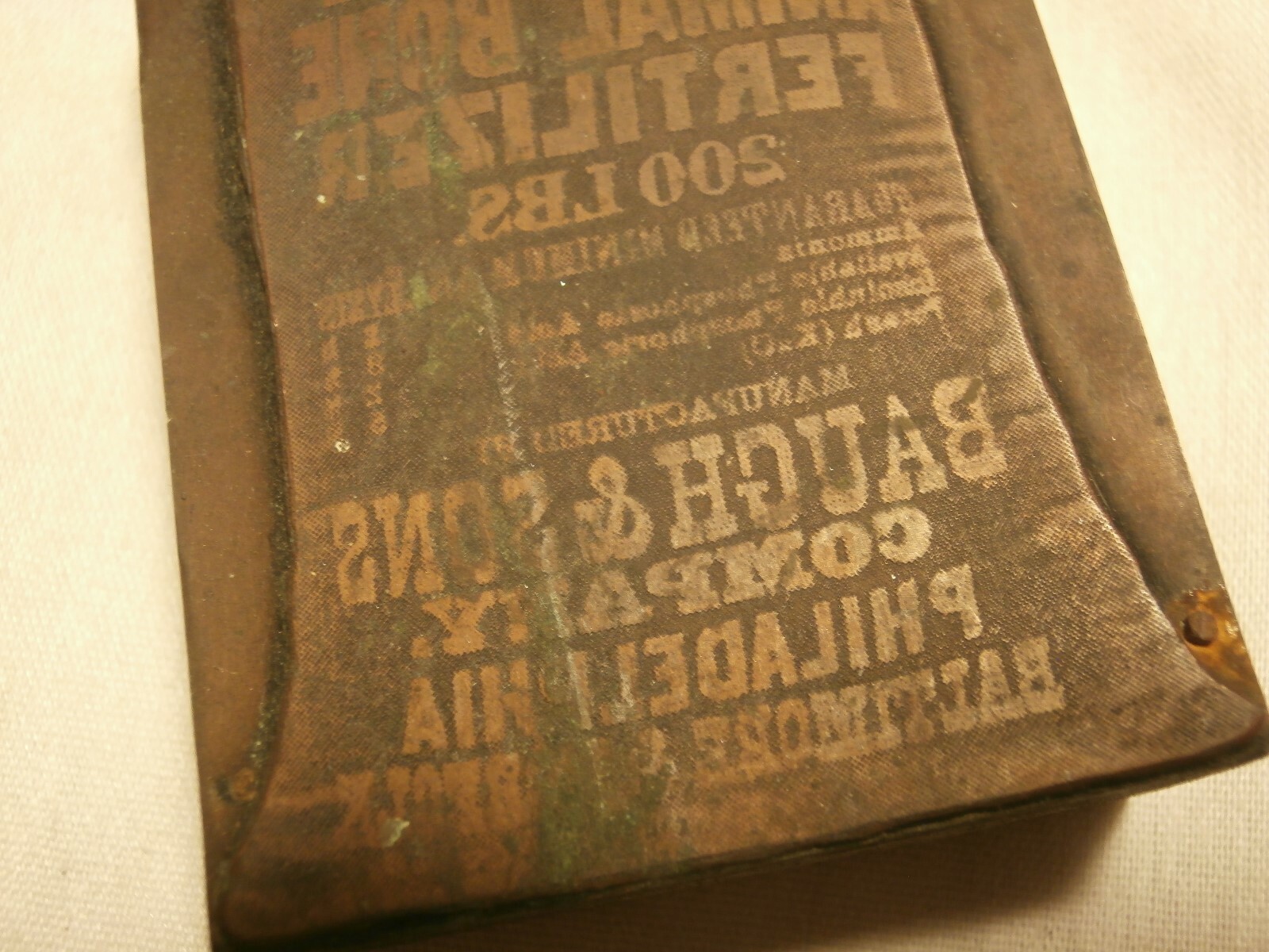 Antique Printers Printing Block Baughs & Sons Co Complete Animal Fertilizer Bag