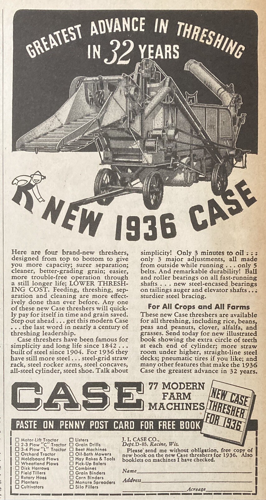1936 AD.(XG1)~J.I. CASE CO. RACINE, WIS. NEW ‘36 CASE THRESHER