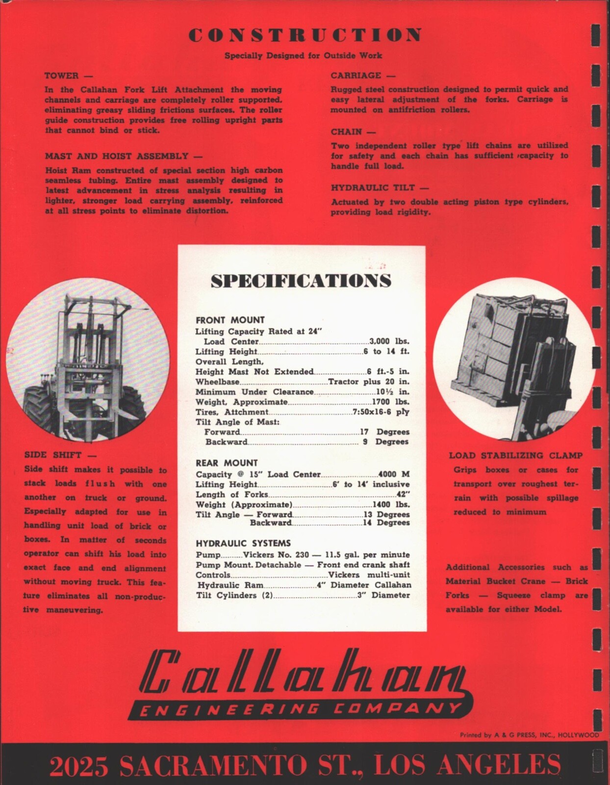 1958 CALLAHAN FORKLIFT ATTACHMENT vintage advertising sales flyer LOS ANGELES