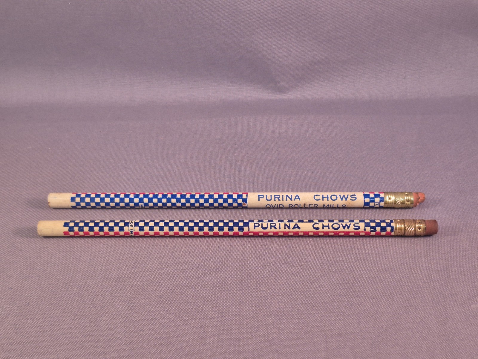 Two Vintage Pencils Purina Chow Ovid Roller Mills Michigan Advertisement White