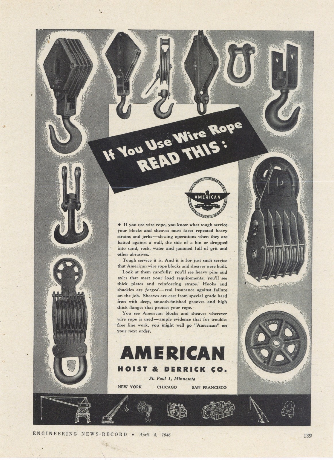 1946 American Hoist & Derrick Co. of St. Paul Ad: Forged Blocks & Sheaves