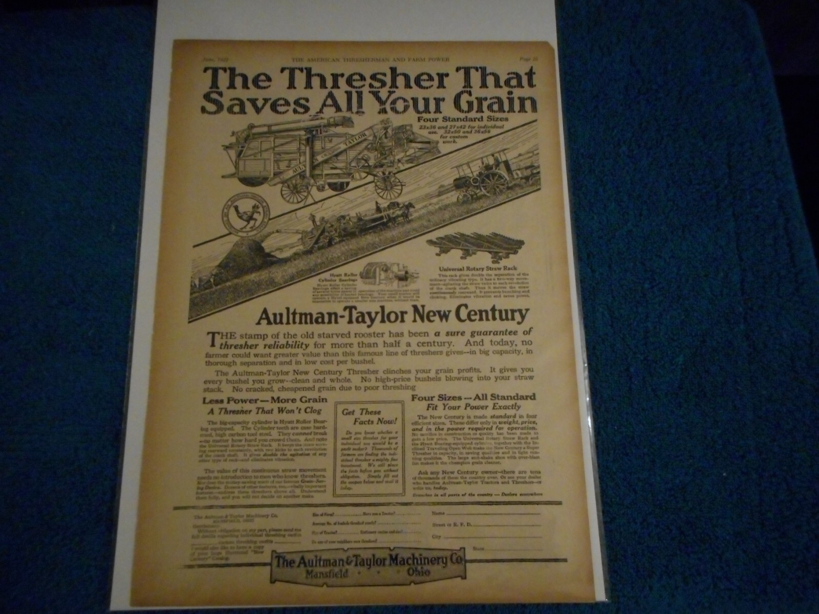 Aultman Taylor Co. Mansfield, OH 1921 Advertisement: New Century Thresher