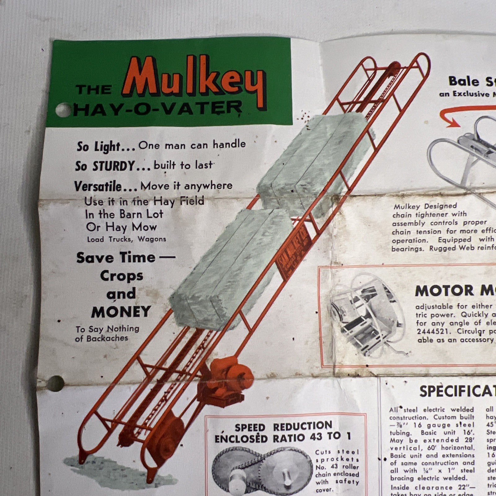 The Mulkey Hay-O-Vater 1960 Brochure 1 Page Folded Bale Elevator Vintage