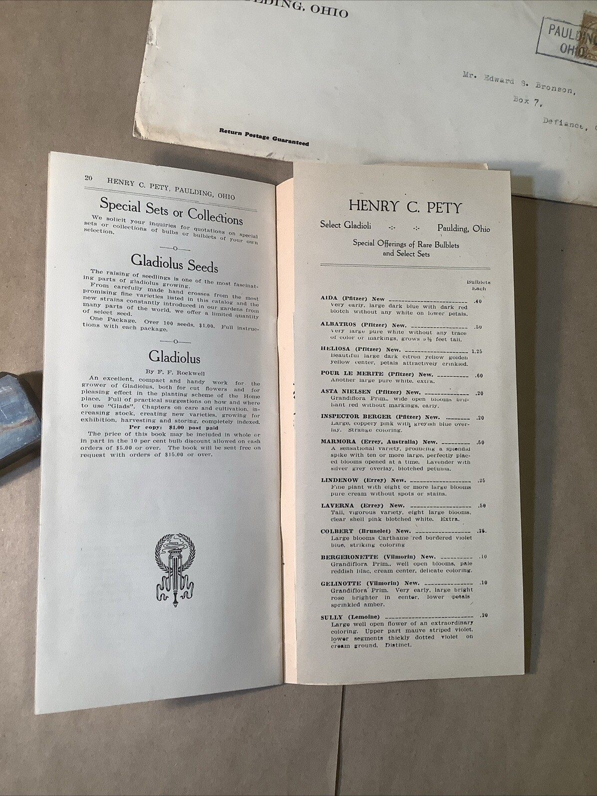 1928 Gladiola Pricing List Henry Petty Paulding Ohio INV-P0372