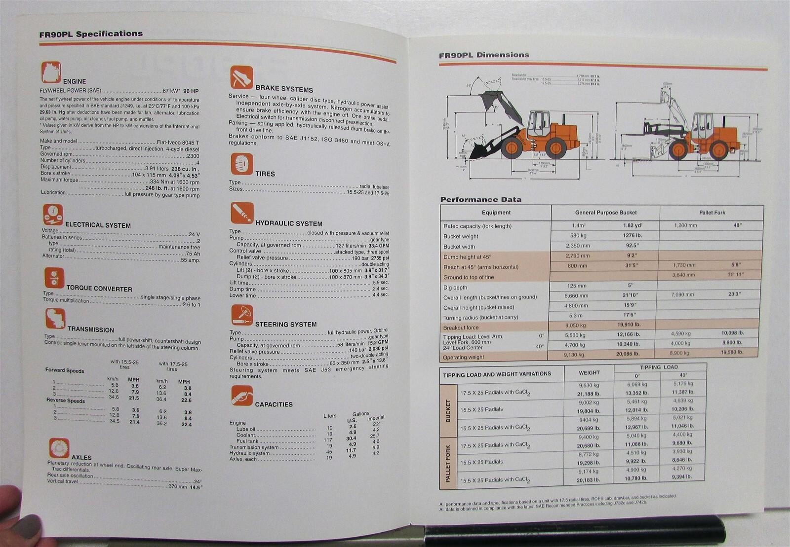 1995 Fiat-Allis FR90PL Wheel Loader Diagrams Performance Data Sales Folder