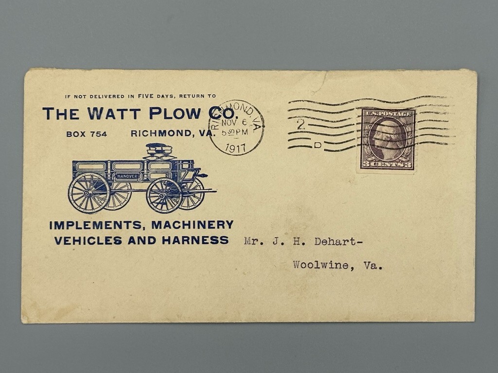 1917 JOHN DEERE Postal Cover HANOVER WAGON Farm Advertise WATT PLOW Richmond VA