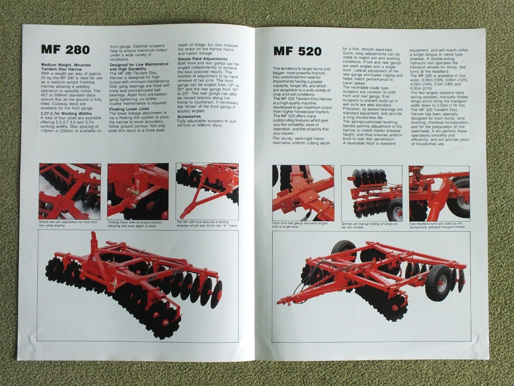 MASSEY FERGUSON 280/520 Discs Harrow Tractor Farm Equipment Brochure 1985