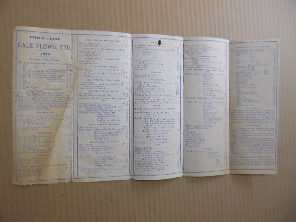 1888 Gale Plow Co Retail Price List Big Injun Sulky More Albion Michigan Antique