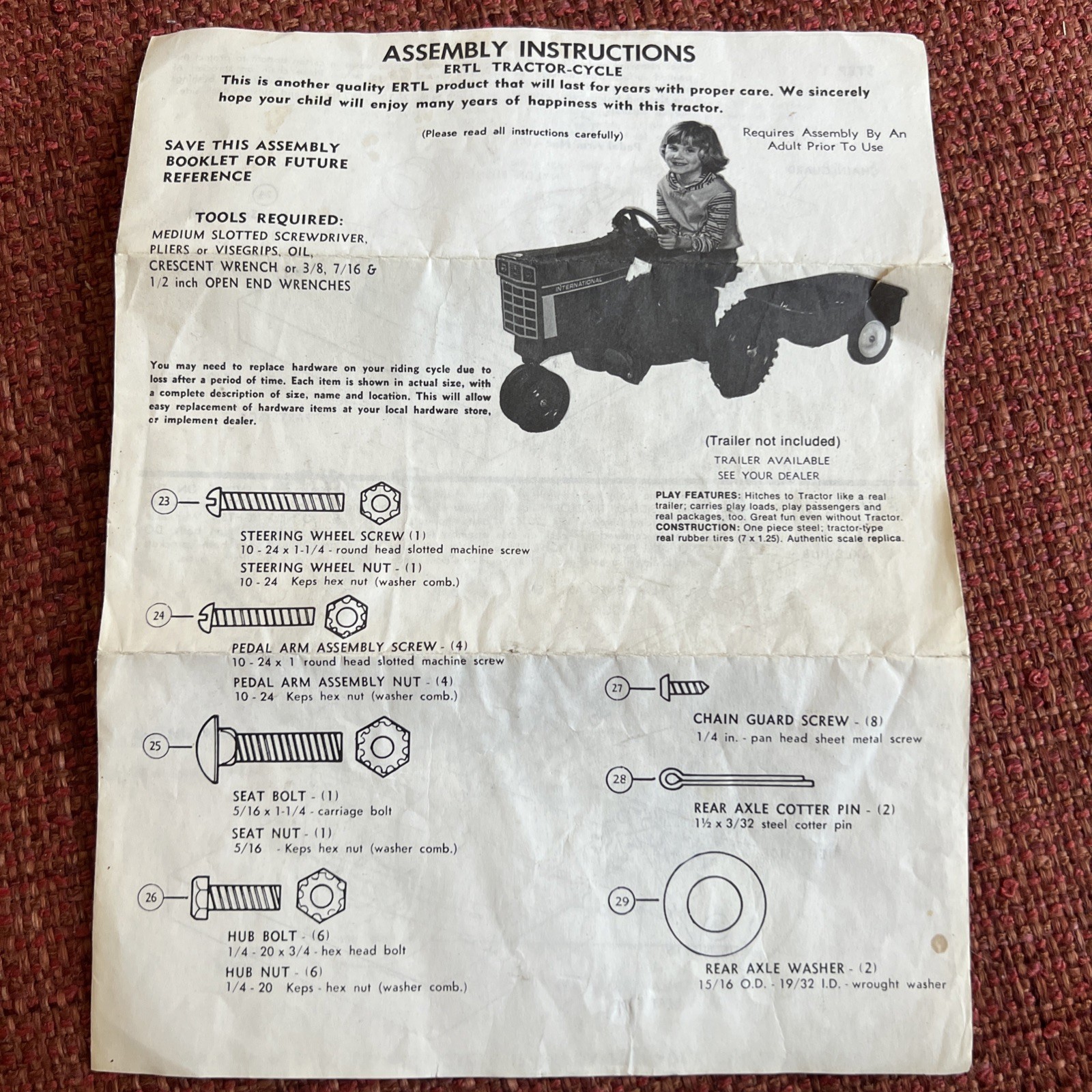 Vintage ERTL International Harvester Pedal Tractor Assembly Instructions
