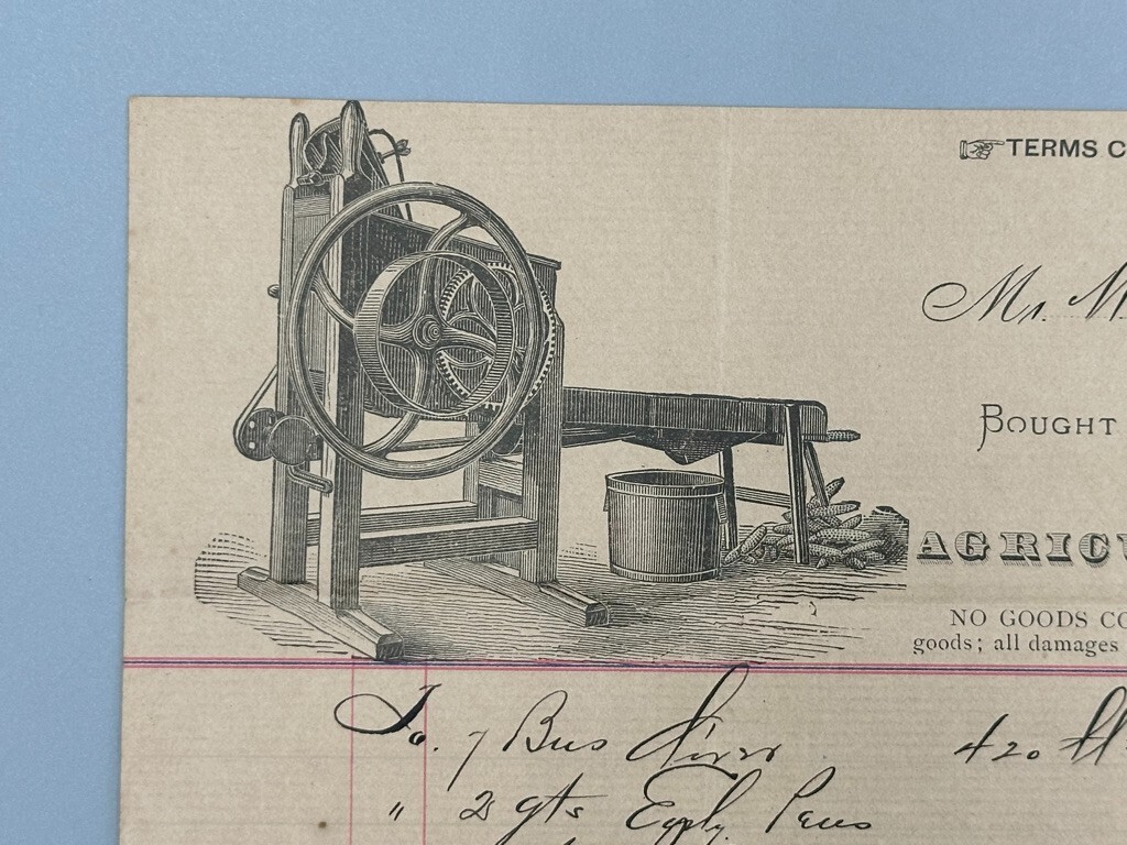 1881 WHITMAN Illustrated FARM MACHINERY Corn ADVERTISING Billhead BALTIMORE