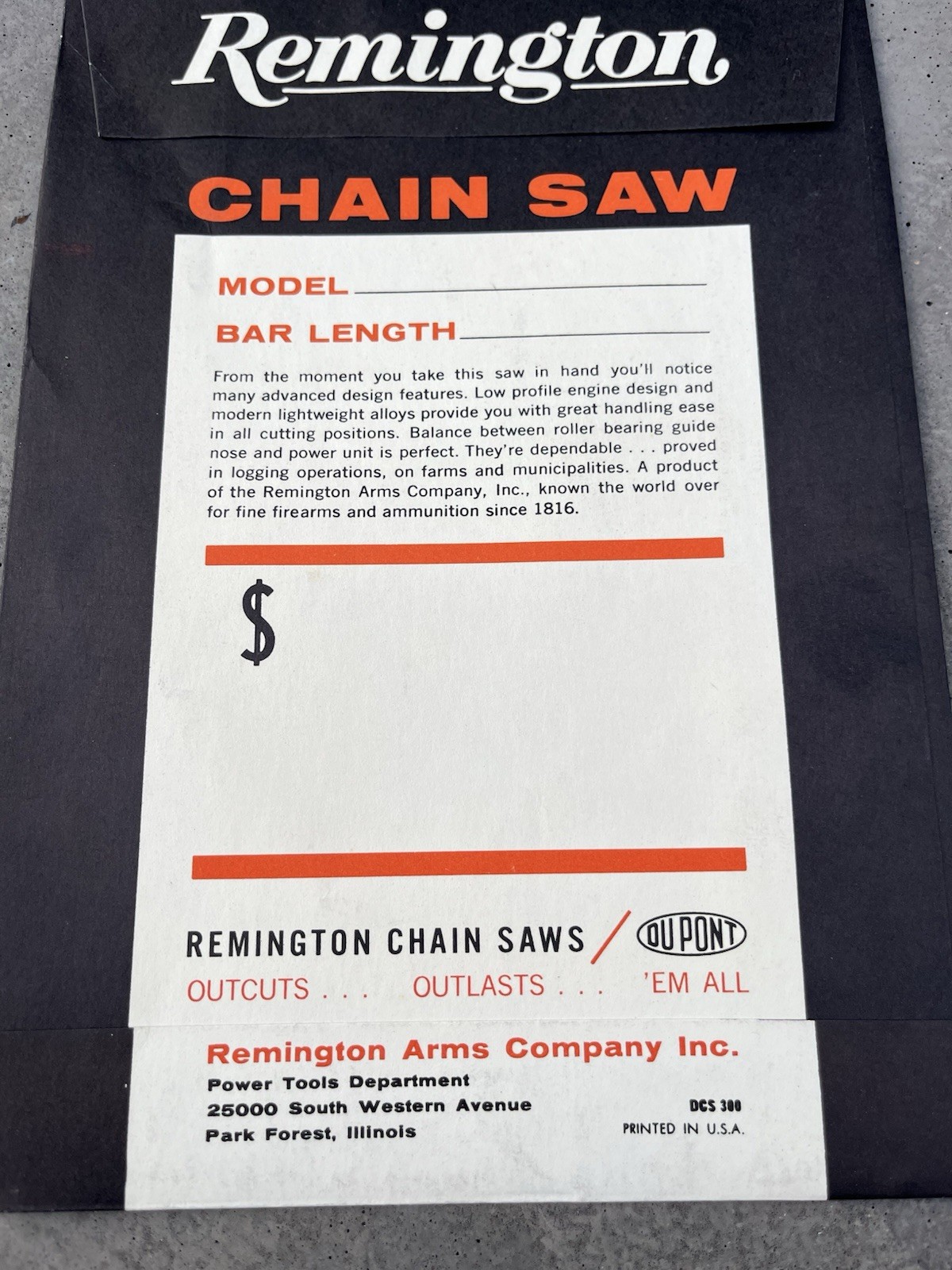 VTG Remington Unused Chain Saw Hang Price Model Tag DuPont 50’s 60’s USA 6”x9”