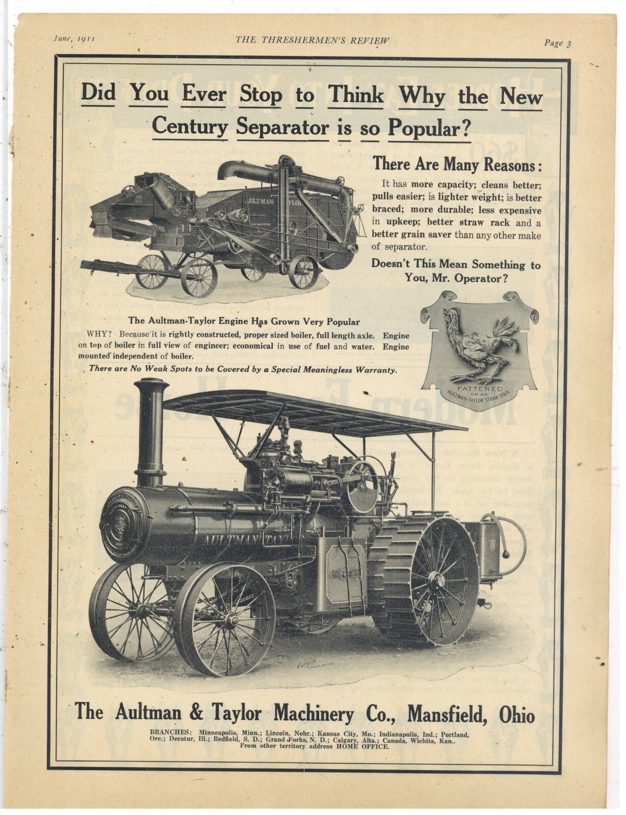1911 Aultman & Taylor Machinery Co. Ad: Steam Engine & New Century Separator
