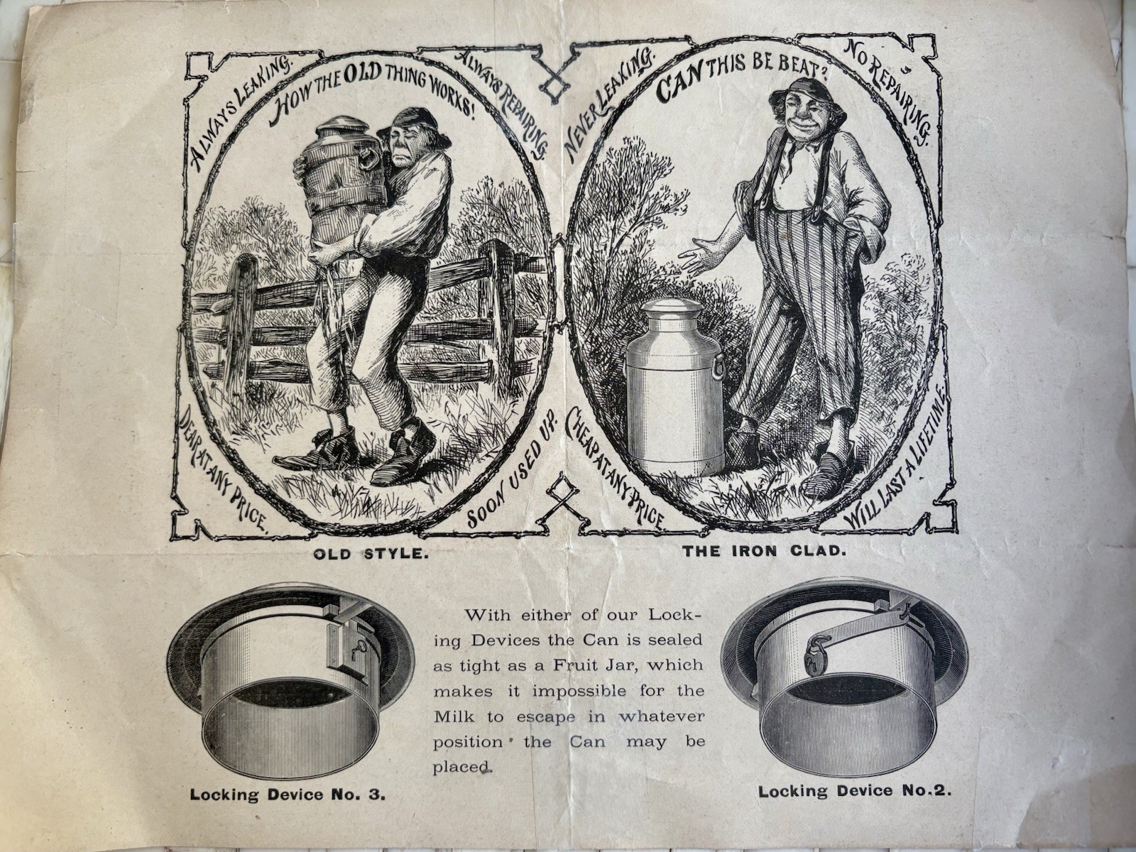 1870 Handbill for The Iron Clad Milk Can Patented Dairy Farm Collectibles