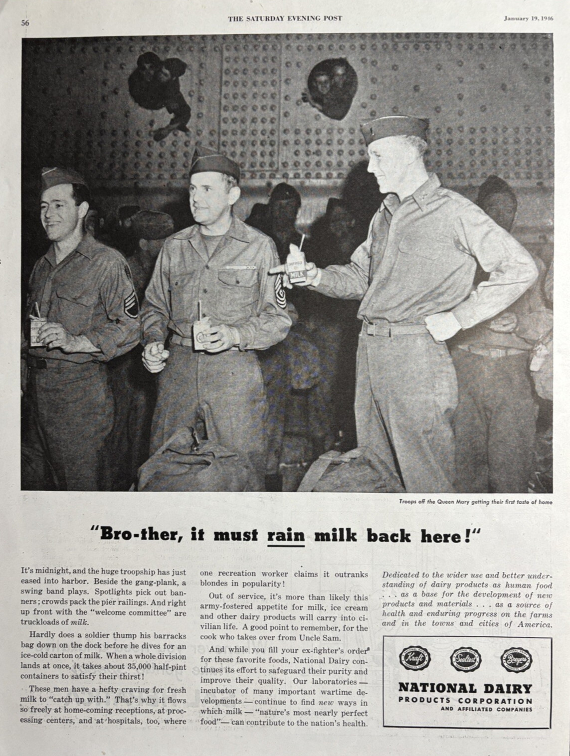 1946 National Dairy Products Corp Troops Queen Mary Rain Milk Vintage Print Ad