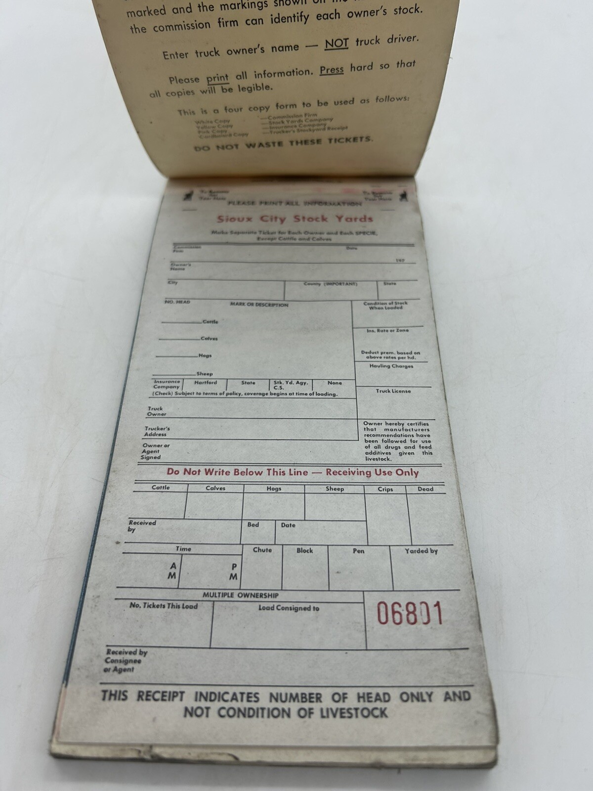 SIOUX CITY STOCK YARD COMMISSION TRUCKER DELIVERY RECEIPT BOOK CARBON COPY