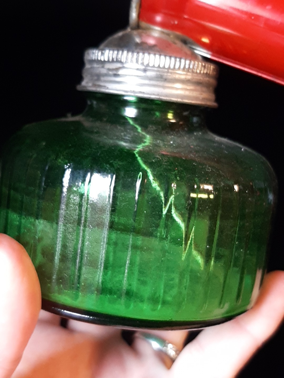 Vintage Hudson Pump Duster Bug Sprayer Green Glass Bottle Jar Metal Wood Fogger