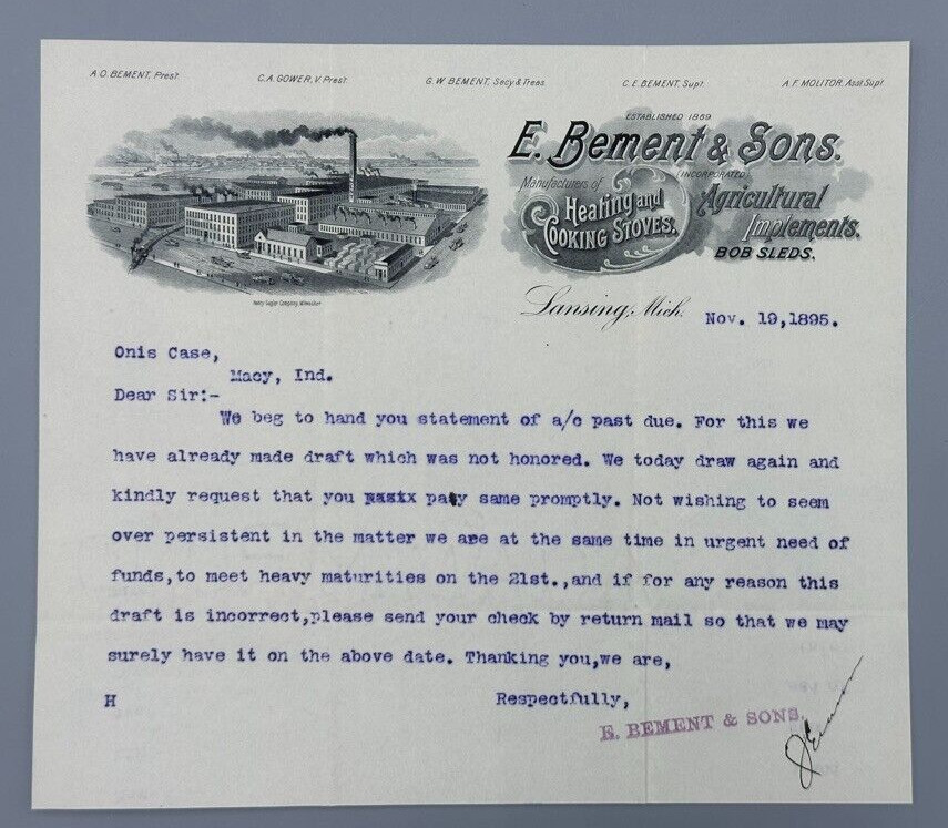 1895 Bement Cooking STOVES Farm Tools BOB SLEDS Antique Advertising LANSING MI