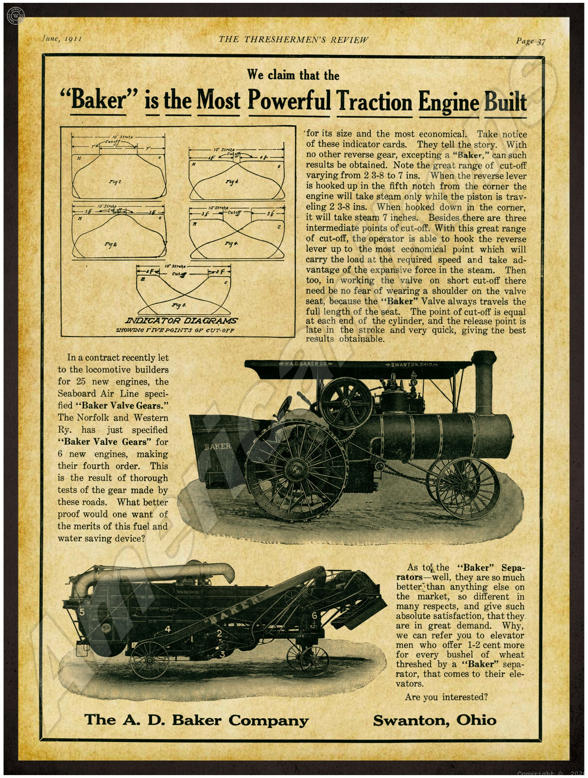1911 A.D. Baker Tractors New Metal Sign: Swanton, Ohio – Most Powerful Build!