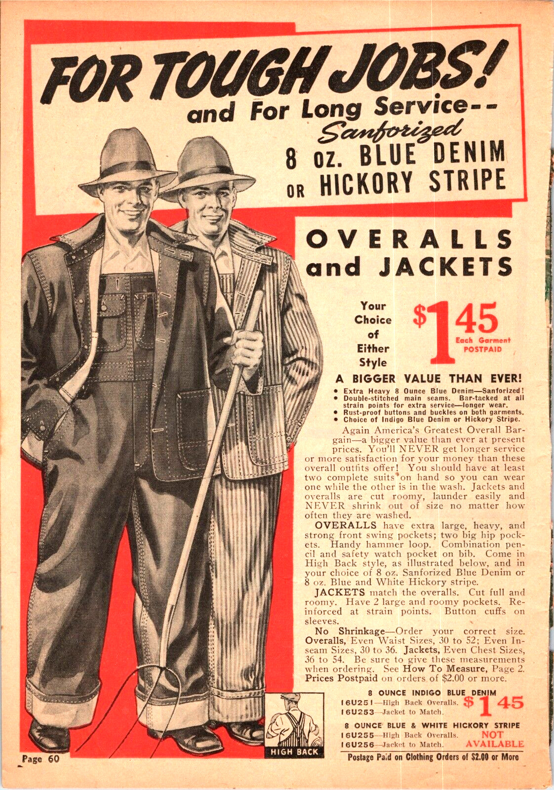 1943 Print Ad Sanforized OVERALLS & JACKETS 9.5&Prime; x 6.5&Prime; Jim Brown product