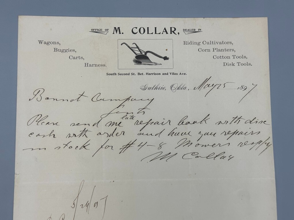 1897 COLLAR PLOW Buggies WAGONS Farm Advertising Letterhead Antique GUTHRIE OK