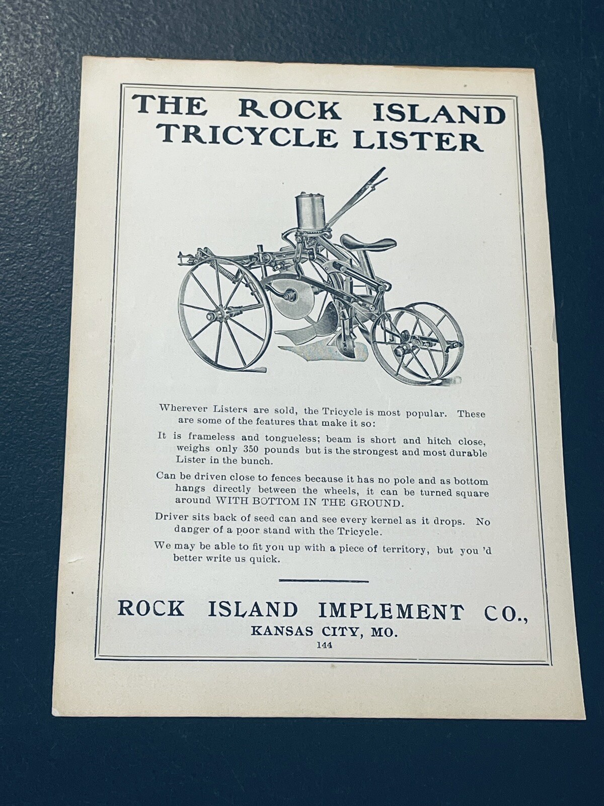ORIGINAL 1907 The Rock Island Tricycle Lister Farm Implement Advertising