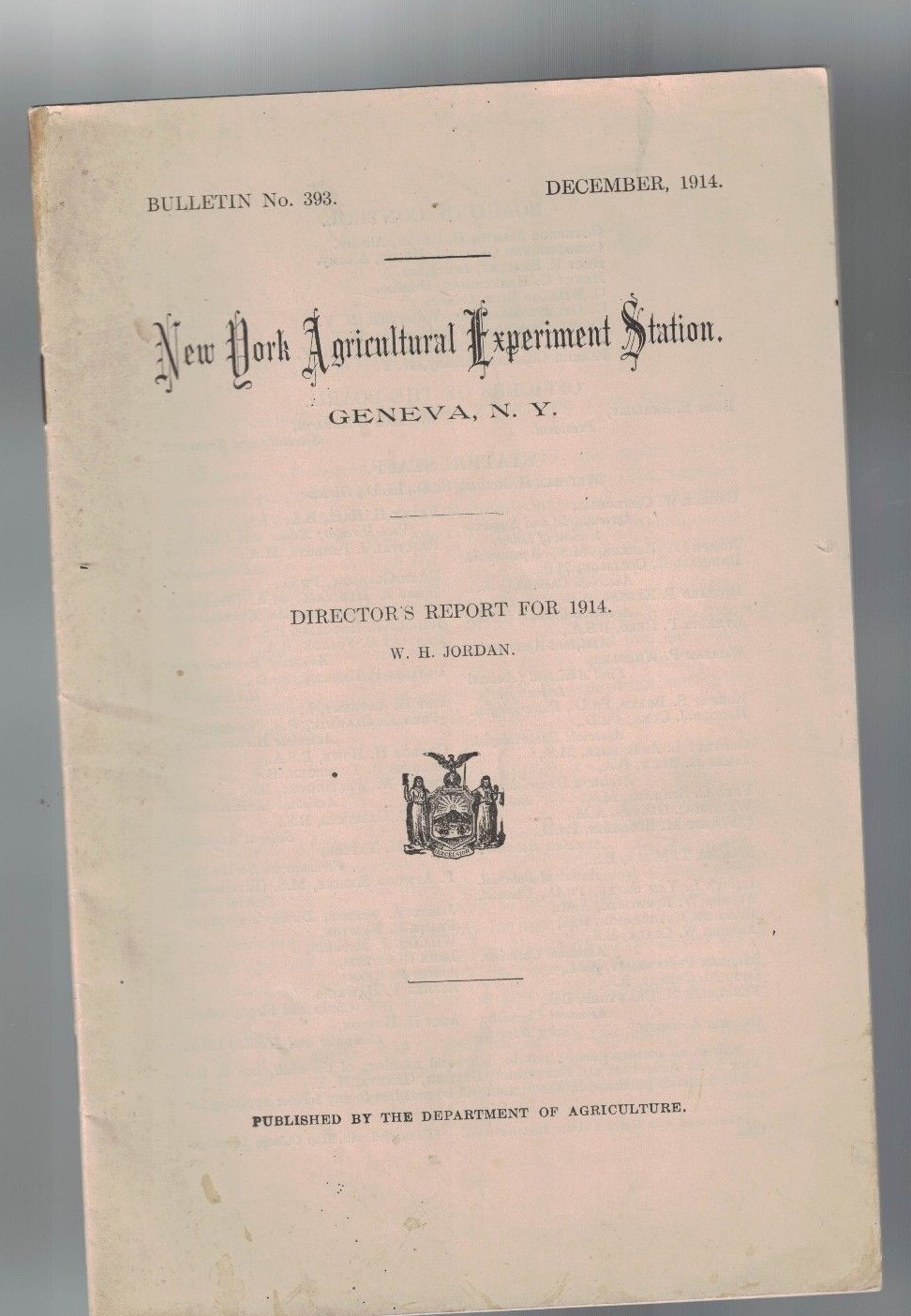 New York Agricultural Bulletin 393- 1914 Directors Report WH Jordan Geneva NY