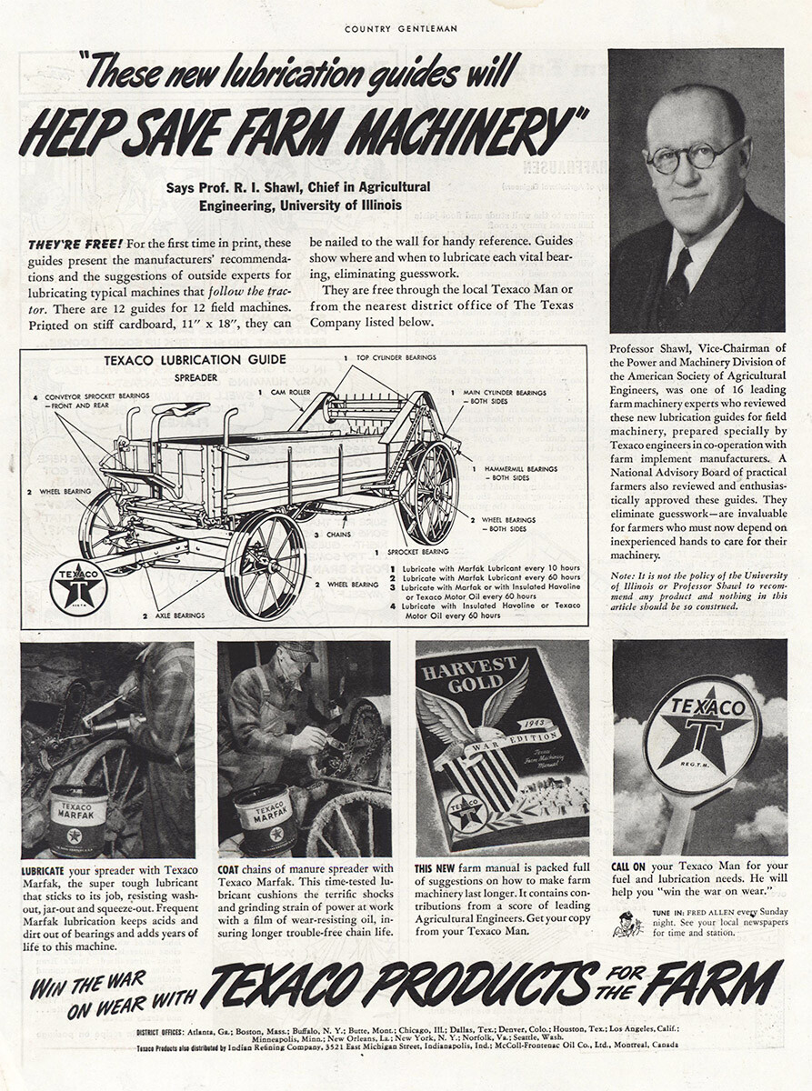 1943 Texaco Products for the Farm: Farm Machinery Vintage Print Ad