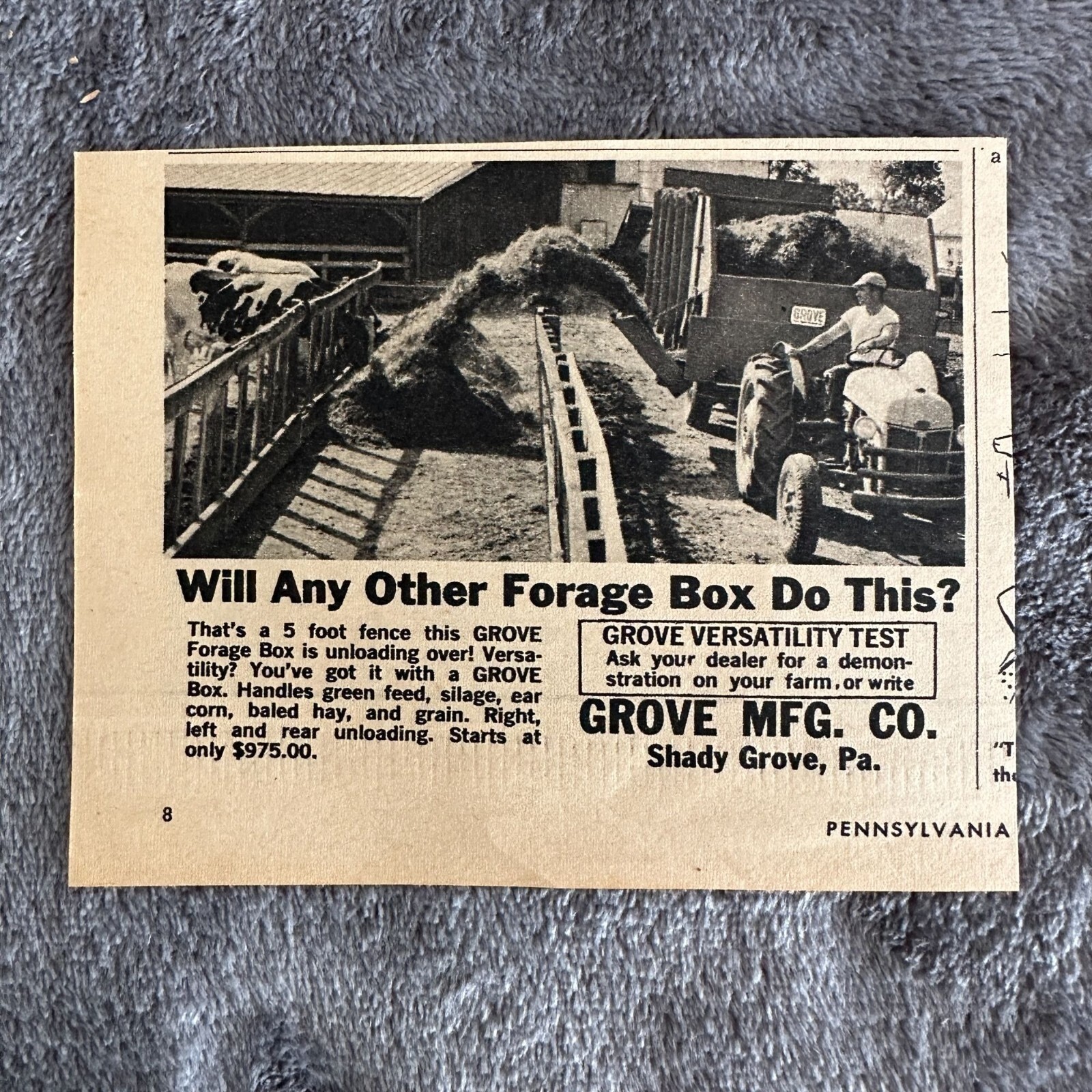 Vintage 1963 Grove MFG Co Forage Box Print Ad Farmer On Old Tractor Feeding Cows