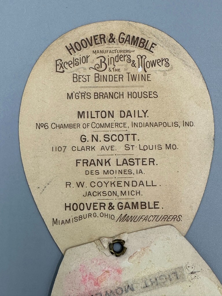 1889 EXCELSIOR MOWER Hoover Gamble FARM MACHINERY Advertising Trade Card Fan