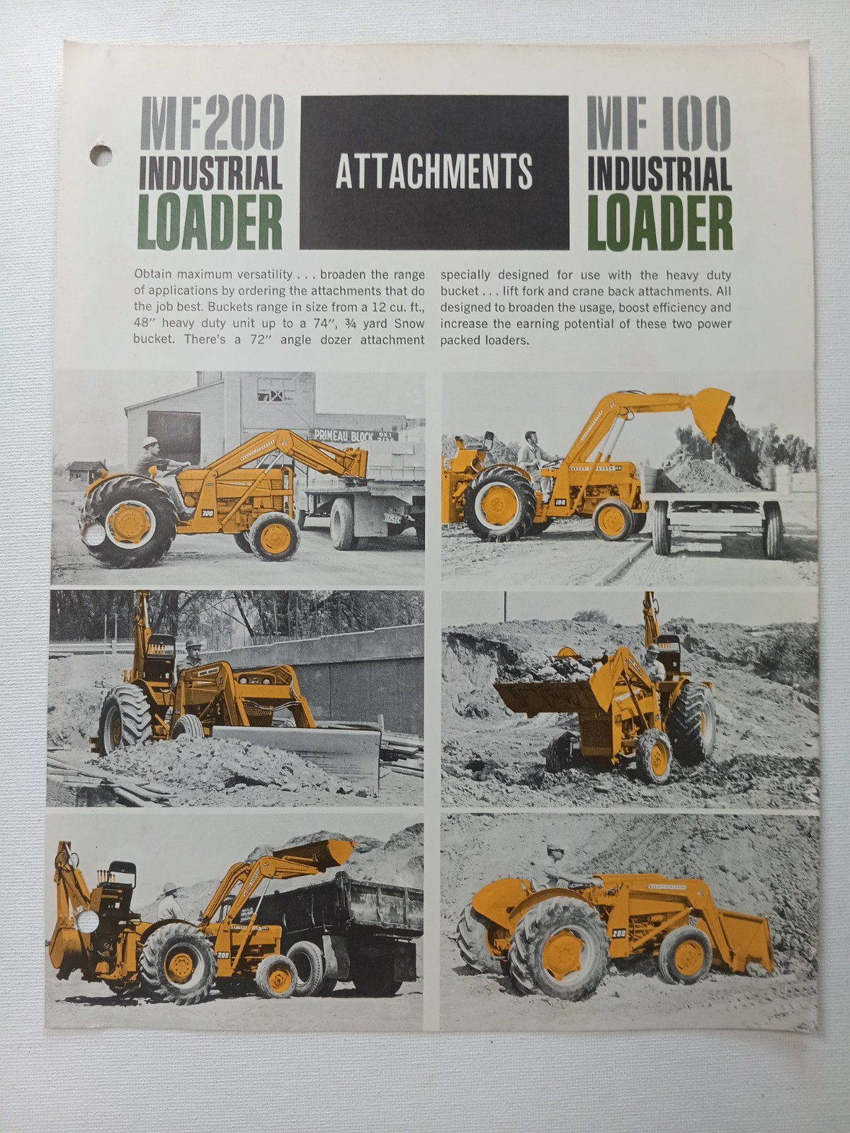 Vtg Massey Ferguson MF 100 & 200 Industrial Loaders Attachments Dealer Flyer AD