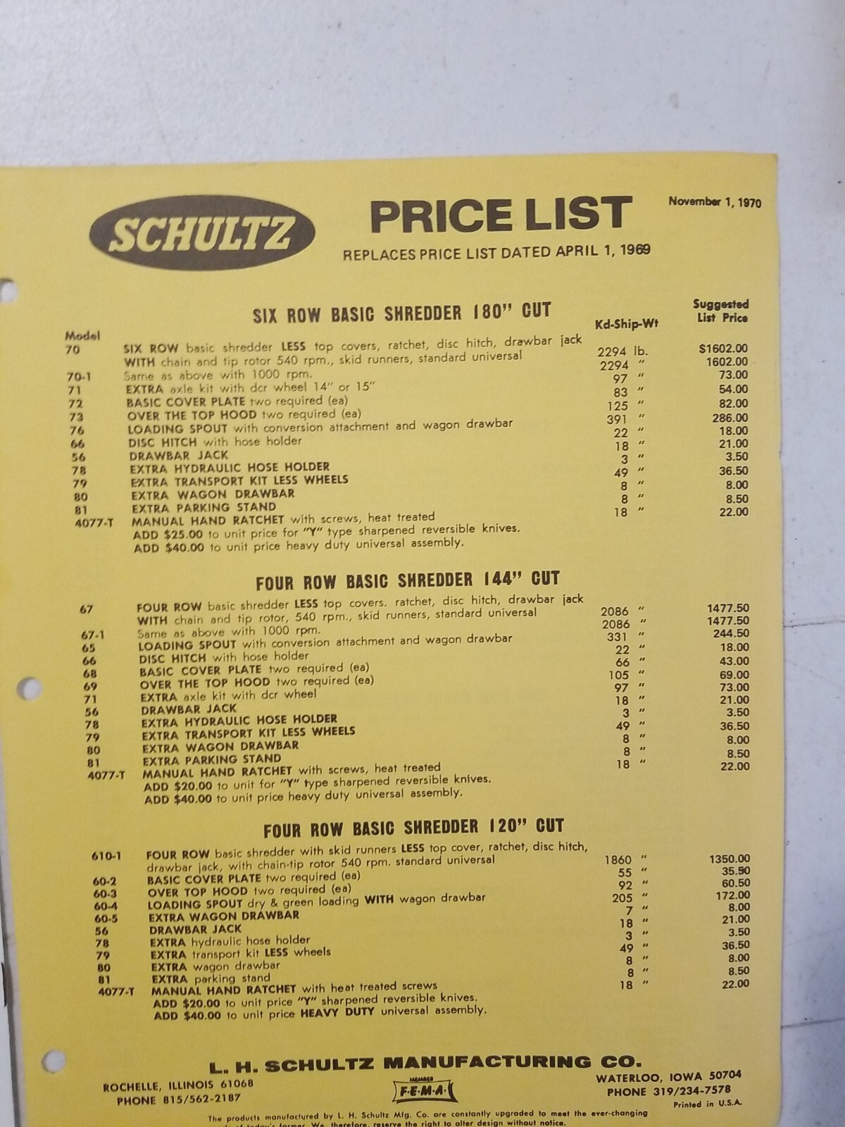Vintage 1970 L.H. SCHULTZ Mfg Co GENERAL MANURE SHREDDER CHOPPER BROCHURE PRICES