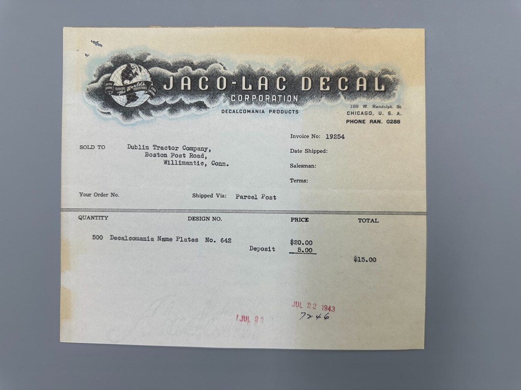 1943 JACO-LAC DECAL Decalcomania Advertising Illustrated Invoice Vintage