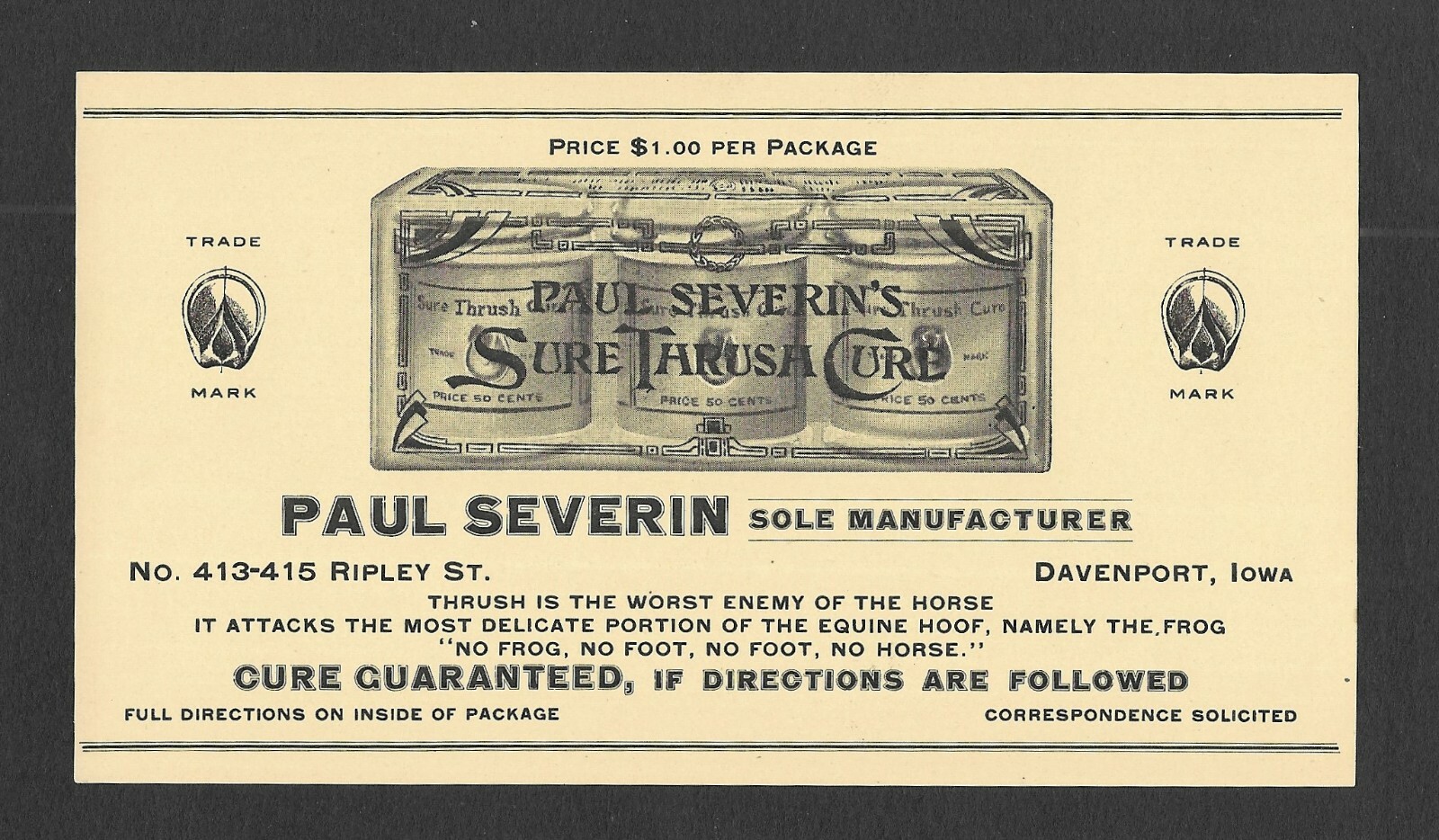 Product Label for Sure Thrush Cure from Paul Severin in Davenport Iowa