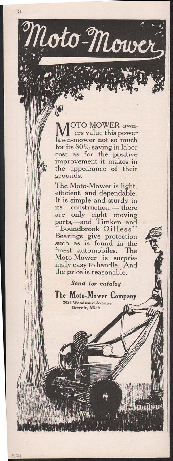 1921 MOTO MOWER LAWN GRASS GARDNER MOTOR ENGINE PUSH POWER DETROIT MICH 20211