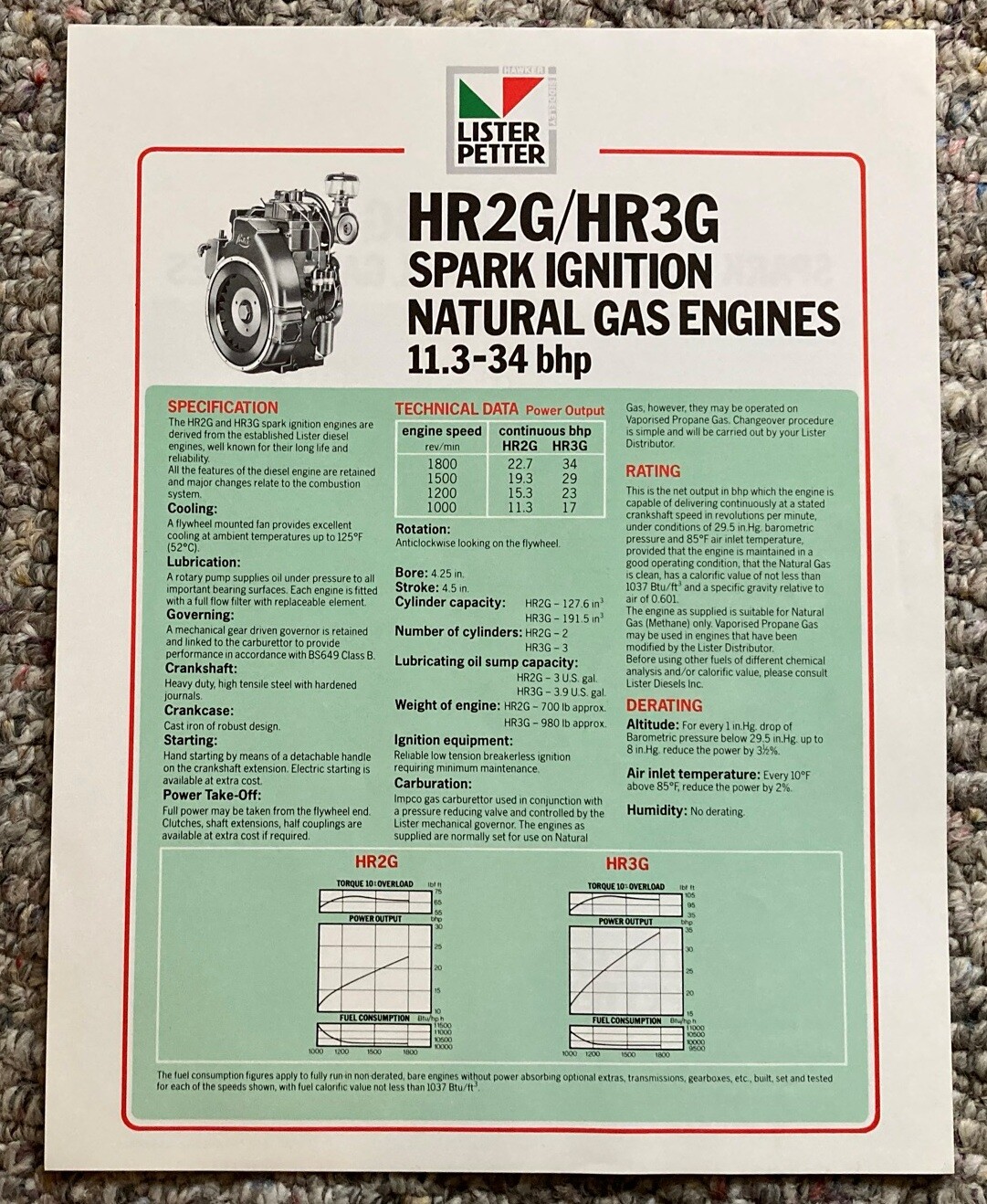LA170 Lister Petter Spark Ignition Natural Gas Engine HR2G HR3G Spec Sheet