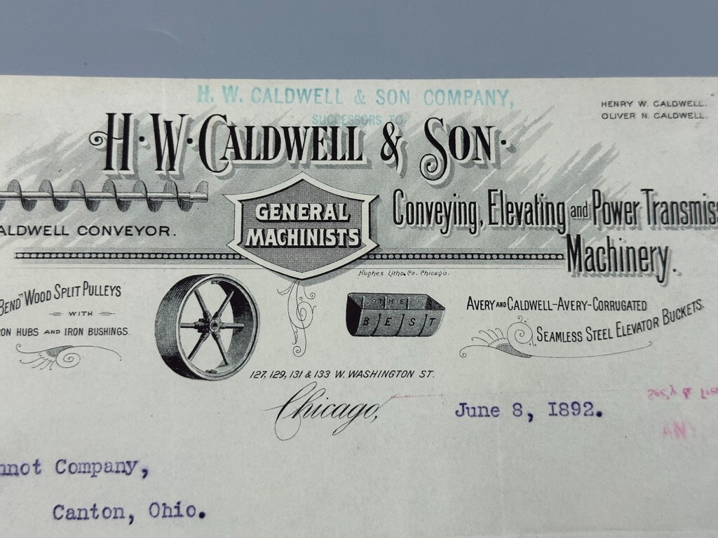 1892 H W Caldwell MACHINERY South Bend Pulley Antique Advertising Chicago Letter