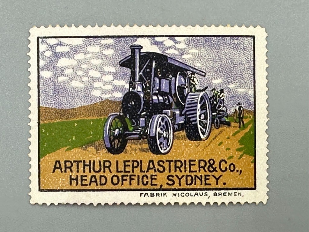 1920s TRACTOR Leplastrier Co Sydney Advertising POSTER STAMP Vintage Cinderella