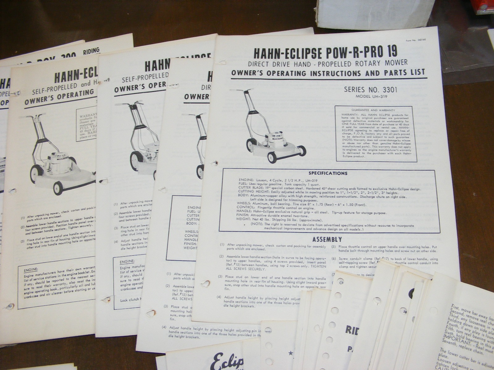 1960s Hahn Eclipse Mower Master Parts Catalog Maintenance Manual