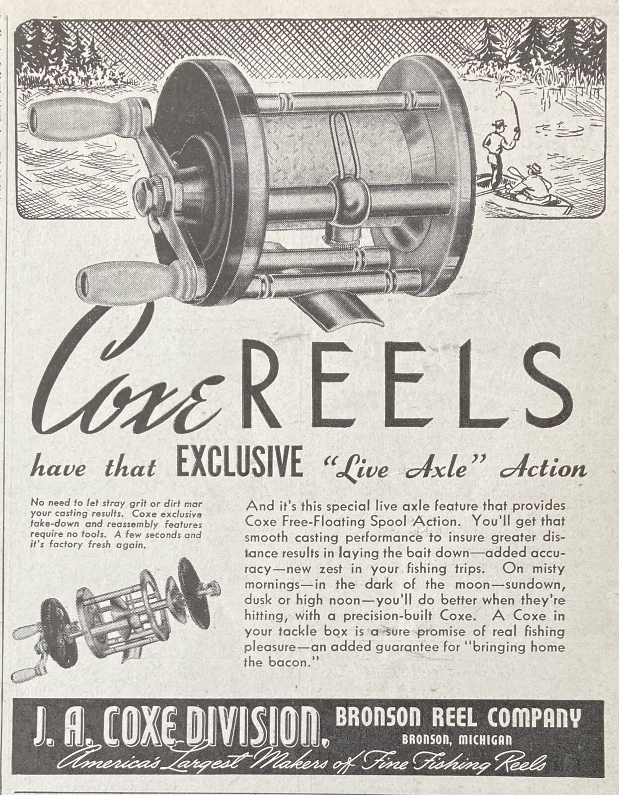 1946 AD.(XH2)~BRONSON REEL CO. BRONSON, MI. COXE FISHING REELS