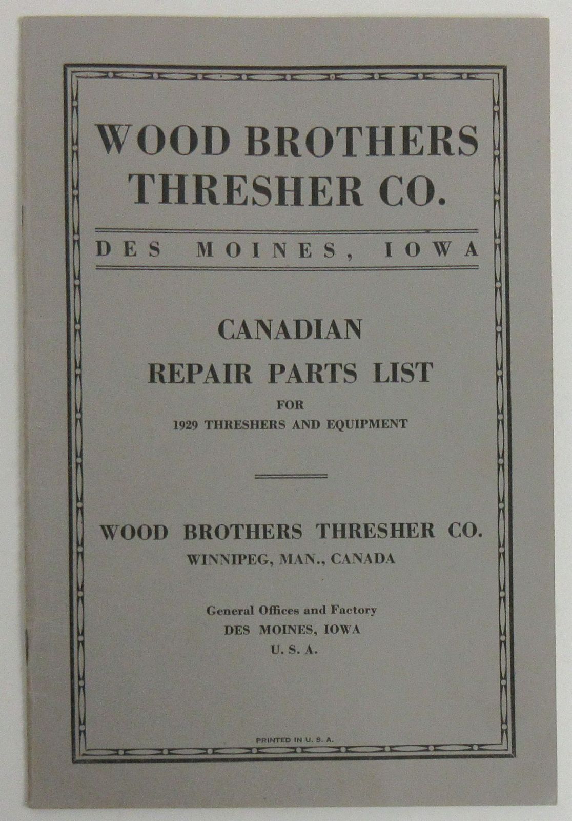 Wood Brothers Thresher Co. Repair Parts List, Instructions & Envelope