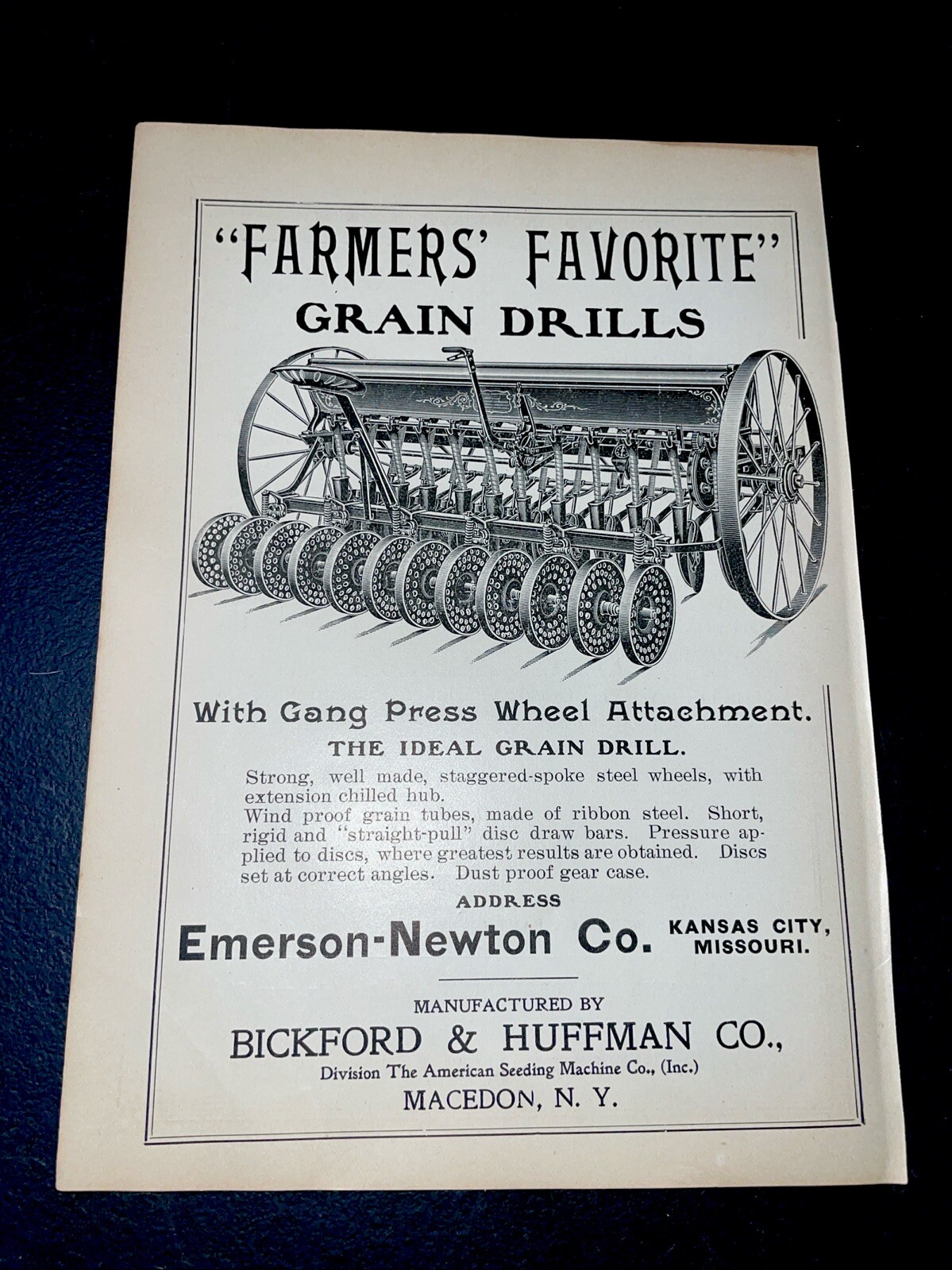 ORIGINAL 1907 Farmer’s Favorite Grain Drills Farm Implement Advertising