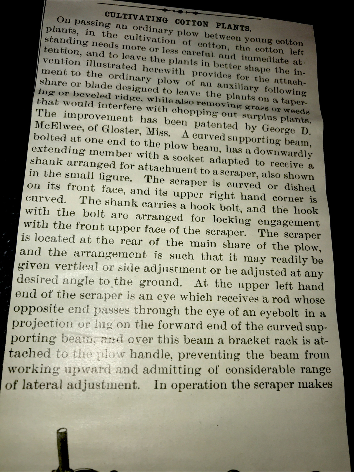 1898 McElwee Cotton Scraper Farm Advertising & Article Gloster – Mississippi